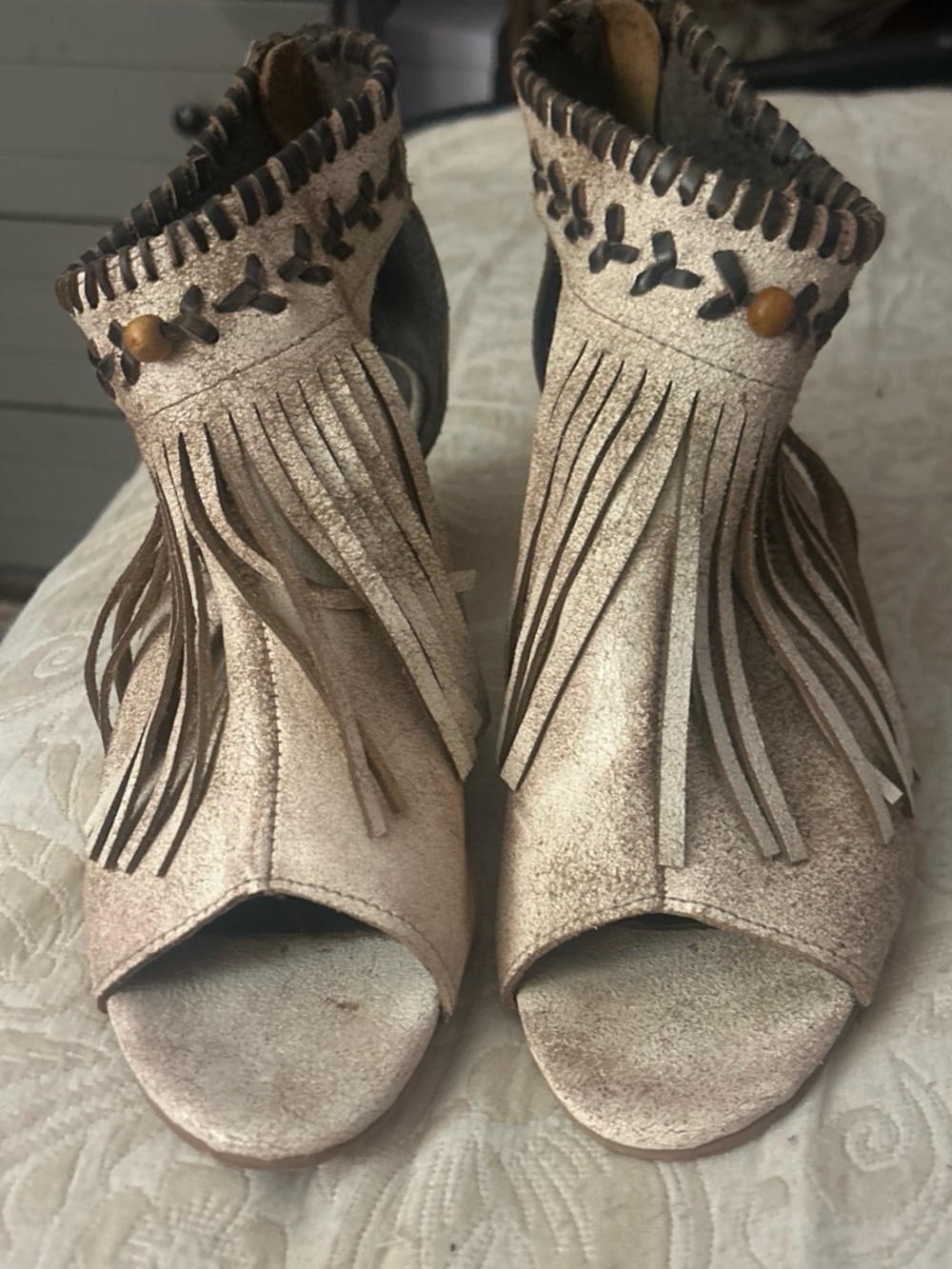 Roper Metallic Beige Bettina Fringe Peep-Toe Sandals